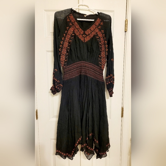 Free People Black Embroidered Boho Midi Handkerchief Hem Peasant Dress, XS - Picture 3 of 5